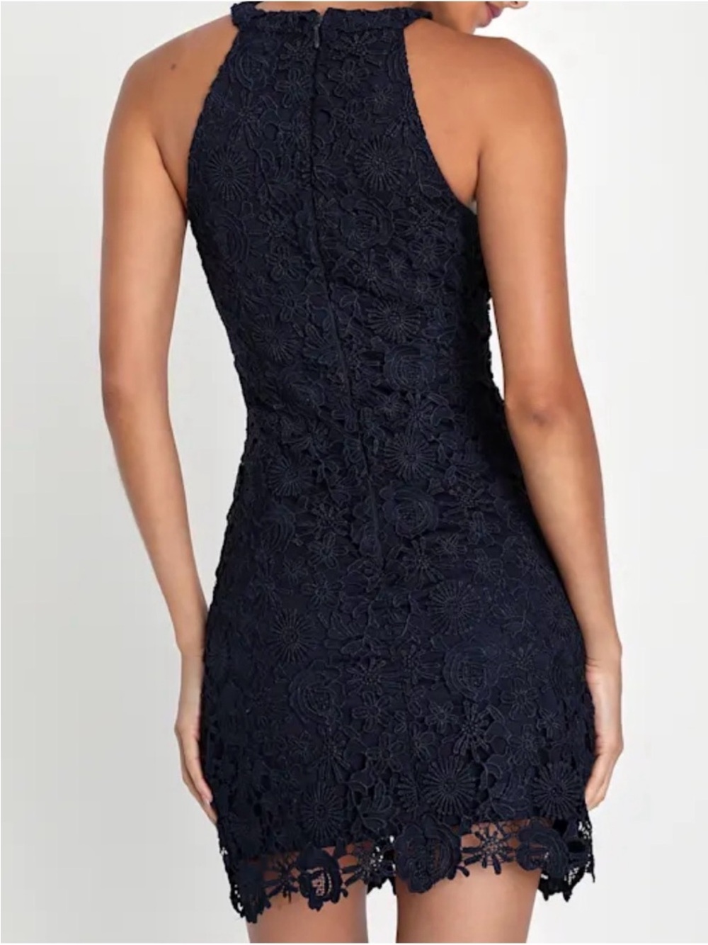 Lulu's Navy / Dark Blue Floral Lace Halter Mini Dress - Picture 4 of 8